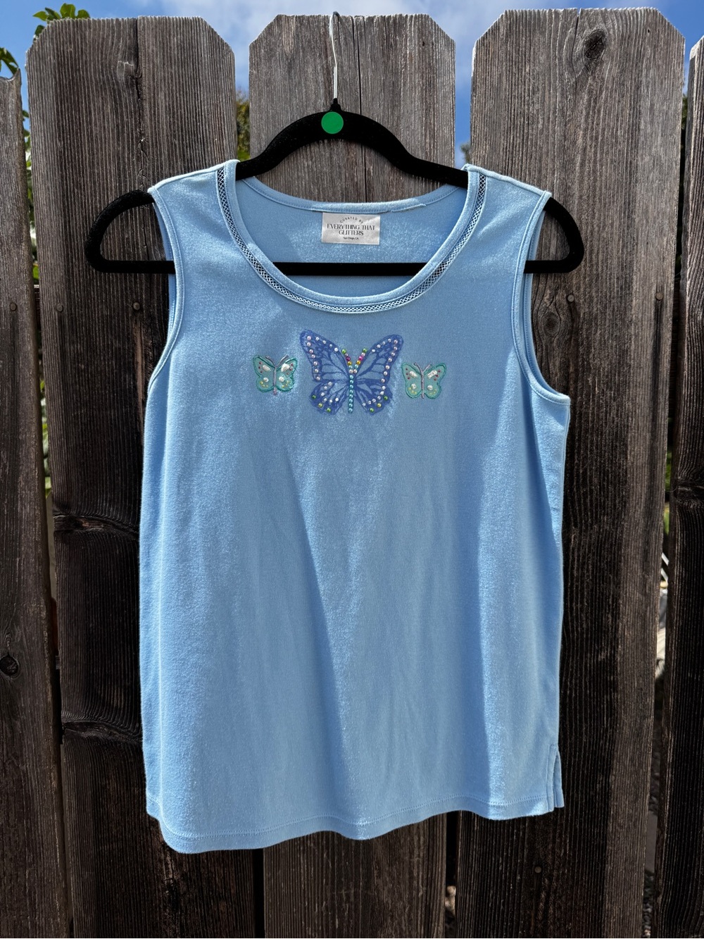 Everything That Glitters Light Blue Butterfly Embellished Handmade Tank Top